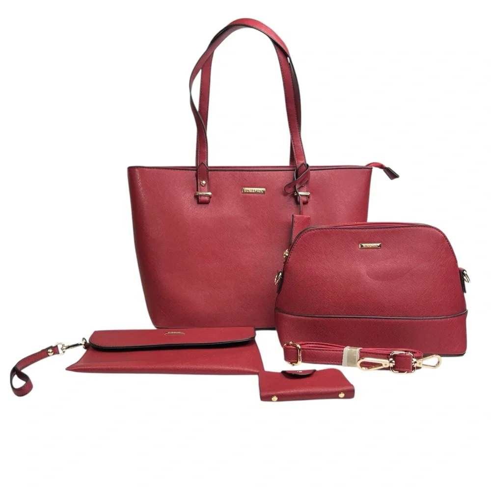 NWOT Elim & Paul Red Faux Leather 4 Piece Purse Bag Set - Picture 1 of 16